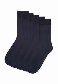 Calzini in cotone blu navy, sei paia, con polsini a coste, design della punta senza cuciture, texture morbida, stile semplice, adatti per abbigliamento casual e formale.