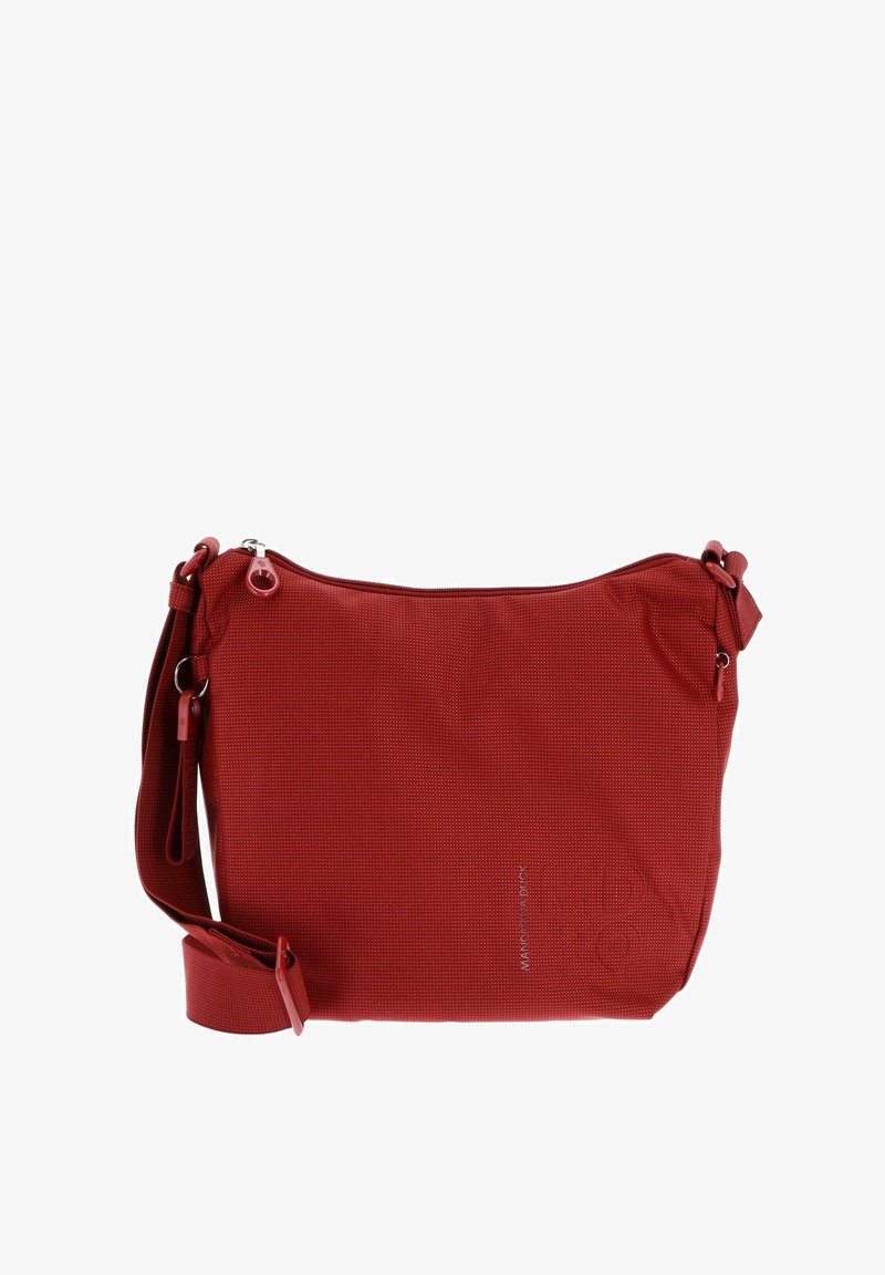 Borsa a tracolla sintetica rossa con superficie texture, chiusura con zip e tracolla regolabile. Presenta un logo discreto sul lato.