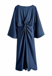 Tumesinist värvi kleit, valmistatud siledast kangast, millel on pikad varrukad, ümmargune kaelus ja seljal keeratud detail koos voolavate voldikutega.