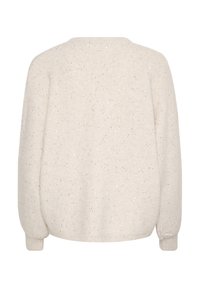 Pull léger beige avec un col rond, des manches longues et une coupe décontractée. Présente une texture mouchetée avec des accents argentés.