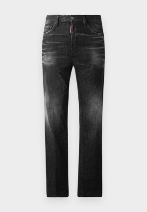 Jeans in denim nero con vestibilità dritta. Presentano aree sbiadite, leggeri segni di usura, classico design a cinque tasche e chiusura con bottone.