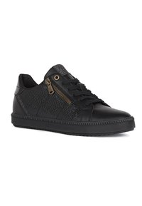 Sneaker neri realizzati in pelle testurizzata e liscia, con zip laterale, dettagli a contrasto e suola in gomma spessa.