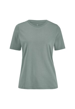 Schlichtes T-Shirt mit kurzen Ärmeln und Rundhalsausschnitt in gedämpftem Grün, frontseitig auf weißem Hintergrund dargestellt.