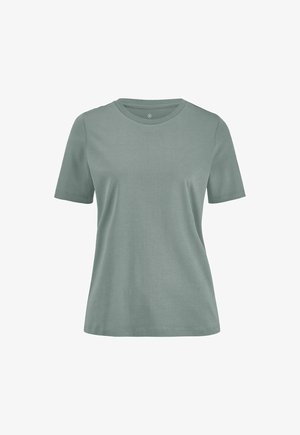 Schlichtes T-Shirt mit kurzen Ärmeln und Rundhalsausschnitt in gedämpftem Grün, frontseitig auf weißem Hintergrund dargestellt.