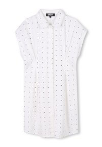 Camicia bianca con colletto e maniche corte, con un motivo a cuori neri e lettere ripetuto su tutta la superficie. Tessuto morbido e leggero.