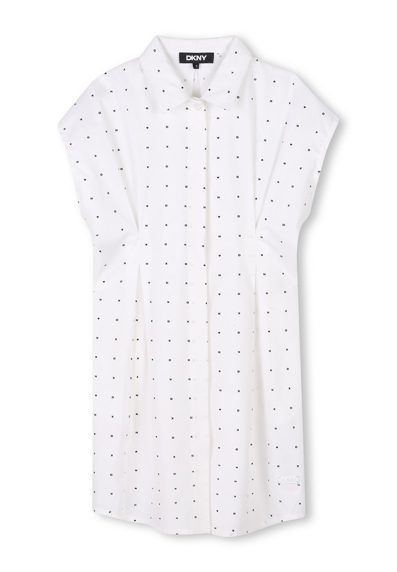 Camicia bianca con colletto e maniche corte, con un motivo a cuori neri e lettere ripetuto su tutta la superficie. Tessuto morbido e leggero.