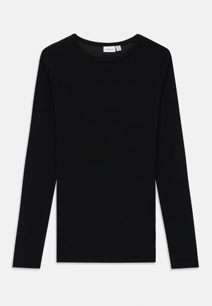 Maglietta nera a maniche lunghe in tessuto a coste con scollatura rotonda. Il design è semplice, senza ulteriori motivi o dettagli.