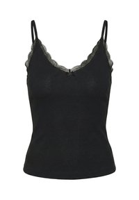 Camisole noire côtelée avec bordure en dentelle le long de l'encolure et fines bretelles réglables, silhouette ajustée.