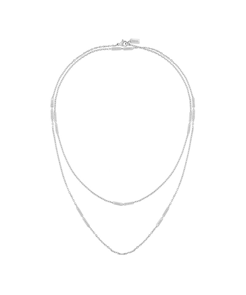 Collana a strati in argento con due catene. Presenta anelli ovali allungati e piccoli accenti rettangolari in tutto. Chiusura sicura con etichetta di marca.