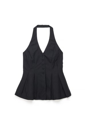 Juodas be rankovių suvarstomas viršus su gilia V formos iškirpte, sagomis priekyje ir platėjančia raukšlėta apačia.