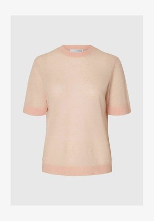 Mäkký ružový krátky pletený sveter s rebrovaným okrúhlym výstrihom, manžetami a lemom, zobrazený na neutrálnej pozadi.