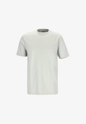 Hellgraues Baumwoll-T-Shirt mit kurzen Ärmeln, rundem Ausschnitt und dezentem Logodetail auf der Brust. Glatte Textur und klassischer Schnitt.