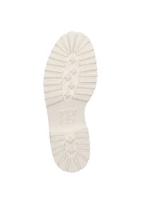 Semelle de chaussure en caoutchouc blanc présentant des rainures texturées et des motifs en croix, avec un logo "pg" embossé au centre.