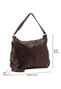 Borsa a tracolla in pelle marrone scuro con tracolla regolabile, ferrature dorate, chiusura con cerniera e misure di 43 cm di larghezza, 30 cm di altezza e 11,5 cm di profondità.