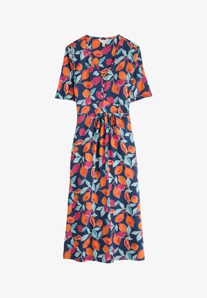 Blumenkleid in Marineblau mit orangefarbenen und rosa Blättern. V-Ausschnitt, kurze Ärmel und geraffte Taille für eine lockere Passform. Aus weichem Stoff gefertigt.