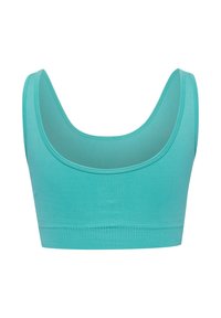 Turkos sport-BH i texturerad jersey. Har en rundad halsringning och bred kant med en diskret logotyp i mitten.