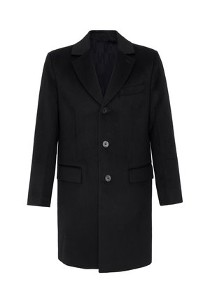 Manteau formel noir mi-long avec col à revers en encoche, trois boutons sur le devant, poche poitrine et deux poches à rabat à la taille.