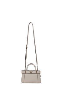 Piccola borsa a mano beige realizzata in pelle strutturata, con manico superiore, tracolla regolabile, dettagli in oro e logo.