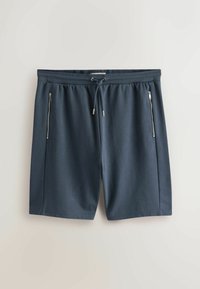 Shorts décontractés bleu marine avec taille élastique, cordon de serrage et deux poches zippées verticales à l'avant.