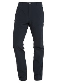 Pantaloni da escursionismo neri per esterni con passanti per cintura, chiusura a zip e bottone, e design delle ginocchia articolato.