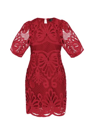 Red lace dress featuring intricate floral patterns, short puff sleeves, and a keyhole back detail. The fabric has a sheer, textured appearance.