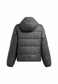 Daunenjacke in Dunkelgrau, mit Kapuze, gestepptem Design und elastischen Bündchen. Das Material wirkt glatt und leicht glänzend.