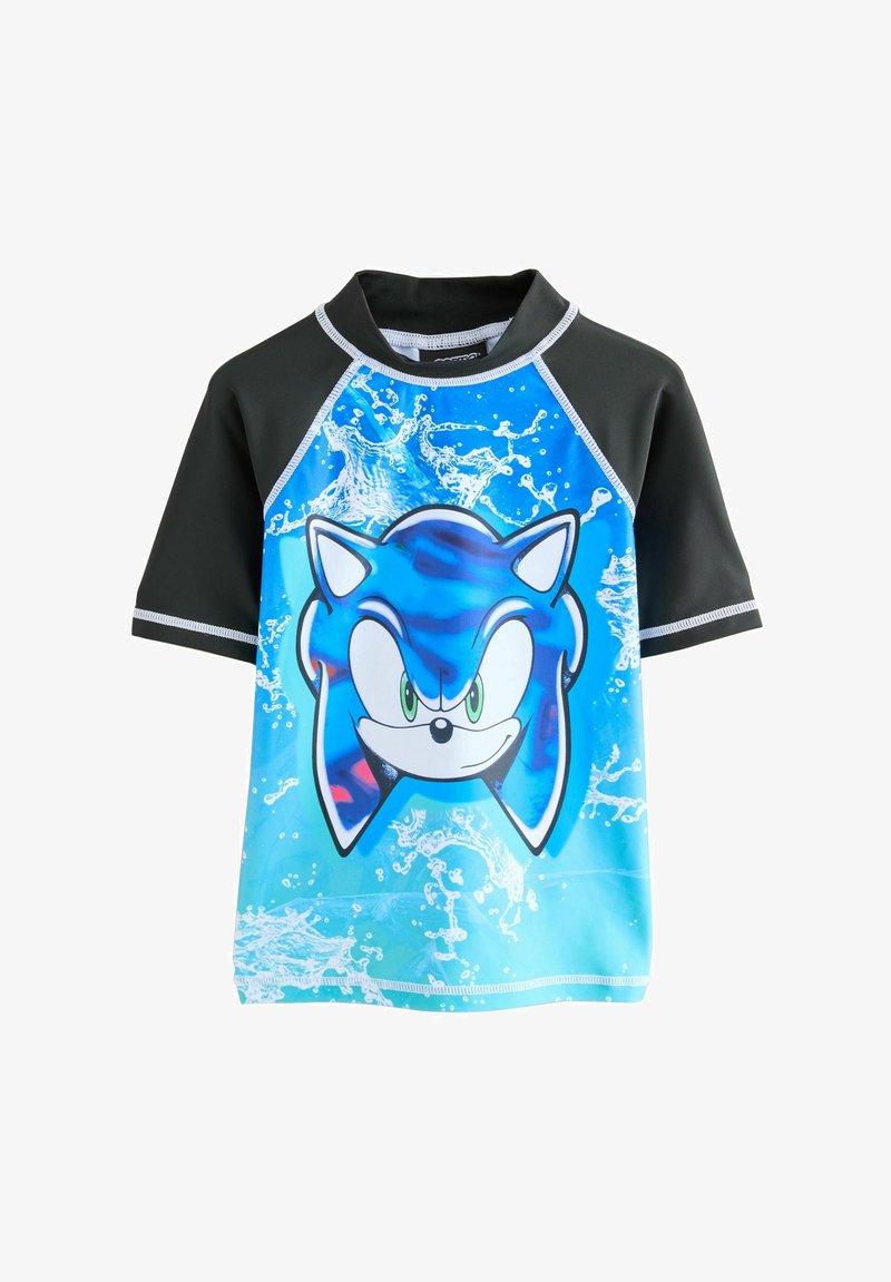 Maglietta da piscina a maniche corte in nero e blu. Presenta una grande stampa del personaggio Sonic su uno sfondo a tema acquatico con cuciture a contrasto.