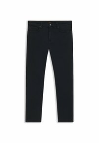 Jeans de mezclilla azul oscuro con corte ajustado, que cuentan con cinco bolsillos, cierre de botón y cremallera, y un sutil detalle del logo en la cinturilla.