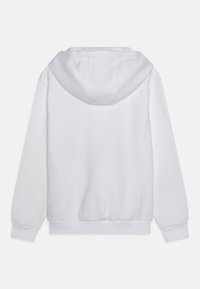 Witte hoodie met een grote achterzak, een capuchon met trekkoord, ribgebreide manchetten en boord, met een gladde textuur en zonder patronen of accenten.