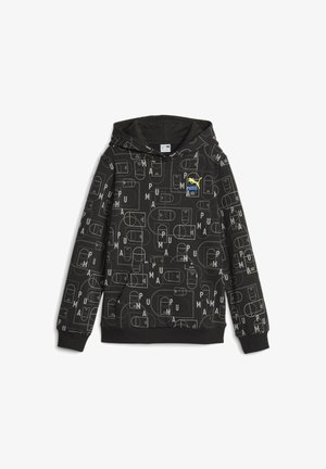 Czarna bluza z kapturem zdobiona ciągłym, białym geometrycznym wzorem i twarzami. Posiada przednią kieszeń oraz logo Puma w kolorach niebieskim i żółtym.