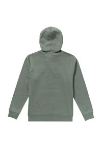 Felpa con cappuccio in verde spento dal tocco morbido. Presenta una tasca a marsupio e polsini e orlo a costine, senza branding visibile.