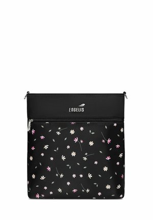 Black floral pouch featuring a zip closure, adorned with pink and white flower patterns, made of durable material with a smooth texture.