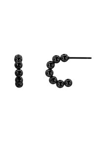 Orecchini con perline nere caratterizzati da un design verticale e circolare, realizzati in materiale lucido con perline distribuite uniformemente, e un perno dritto per la chiusura.