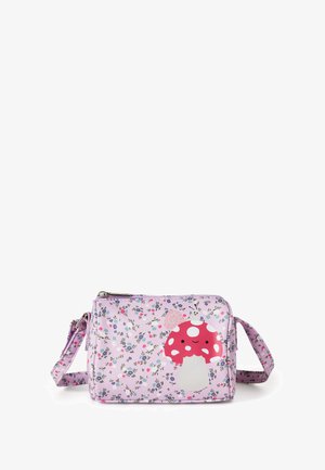 Pink floral-patterned crossbody bag featuring a large red mushroom design with white spots, crafted from durable fabric with a zip closure.