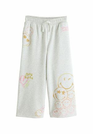 Light gray children's sweatpants with elastic waist, drawstring, colorful smiley faces, and phrases "You rock" and "Smiley World" printed.
