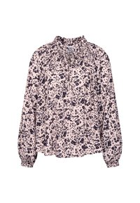 Blouse rose clair avec imprimé floral noir, manches longues bouffantes, encolure ronde froncée et détail de nœud à l'avant.