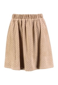 Falda beige de cintura elástica con un diseño fruncido, que presenta pequeños lunares negros en toda su superficie sobre una tela suave.