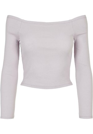 Haut lilas clair à épaules dénudées avec des manches longues, texture côtelée et design court. L'ourlet est plat et les coutures sont soignées.
