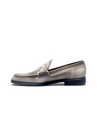 Grey leather loafer with a rounded toe, detailed stitching, and a decorative strap across the front. Black rubber sole for traction.