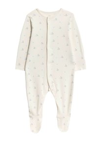 Body in crema per neonati con maniche lunghe e piedi, decorato con piccole impronte di zampe blu e illustrazioni di foche grigio chiaro.