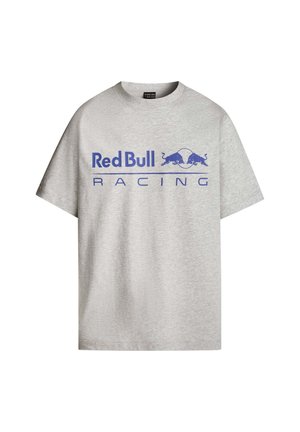T-shirt en coton gris avec un logo imprimé bleu "Red Bull Racing" et un design de taureau graphique sous le texte. Manches courtes, encolure ronde.