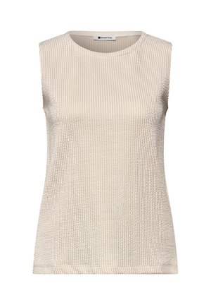 Top de punto texturizado beige sin mangas con escote redondo, bajo recto y patrón sutil en toda la tela.