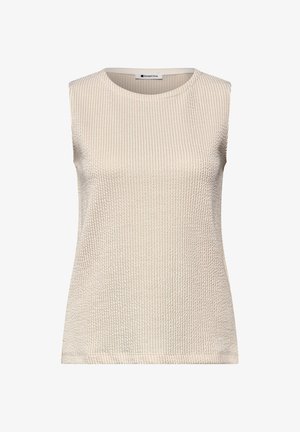 Top de punto texturizado beige sin mangas con escote redondo, bajo recto y patrón sutil en toda la tela.