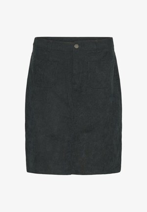 Tumši pelēks korduroja svārki ar taisnu griezumu, ar priekšējo pogu aizdari un divām aizmugurējām kabatām papildinājumiem.