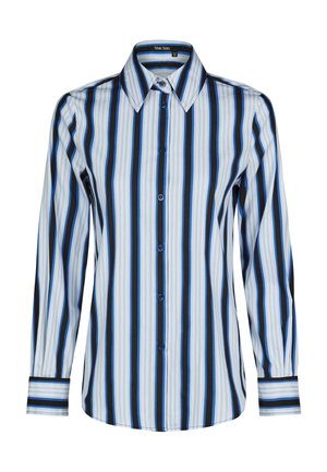 Long-sleeve button-up shirt with vertical blue, white, and black stripes, pointed collar, and buttoned cuffs.