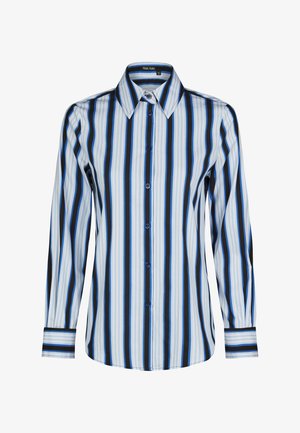 Long-sleeve button-up shirt with vertical blue, white, and black stripes, pointed collar, and buttoned cuffs.