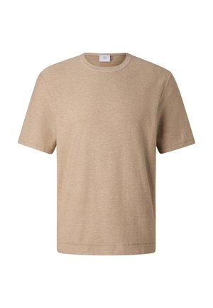 Short-sleeve beige knit T-shirt with crew neckline and subtle ribbed texture, displayed on a white background.