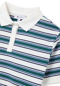 Polo a colletto realizzato in cotone; presenta righe orizzontali in verde scuro, blu navy e azzurro su fondo bianco. Placca con quattro bottoni.