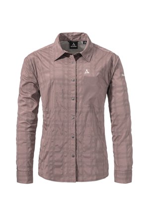 Langärmliges Hemd in hellmauve mit Strukturmuster, Knopfleiste, einer Brusttasche und Logo auf dem Ärmel.