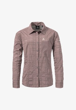 Langärmliges Hemd in hellmauve mit Strukturmuster, Knopfleiste, einer Brusttasche und Logo auf dem Ärmel.